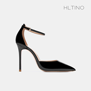 hltino夏季百搭黑色，职业高跟鞋女2024年细跟尖头，时尚漆皮凉鞋