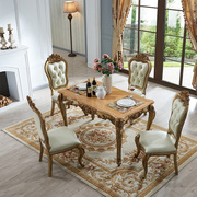 欧式长方形餐桌椅组合香槟色4-6人全实木餐台吃饭桌复古做旧雕花