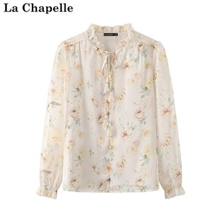 拉夏贝尔/La Chapelle夏季雪纺碎花衬衫女款泡泡袖木耳边立领上衣