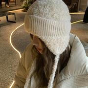 韩版针织毛球毛绒帽女冬季护耳保暖帽系带显脸小毛线帽加厚雷锋帽