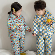 儿童家居服三层夹棉卡通，保暖男女童睡衣，加绒加厚宝宝冬款两件套厚