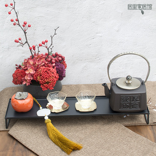 新中式创意茶具组合套装禅意松树摆件长方形铁艺摆盘铸铁茶壶软装
