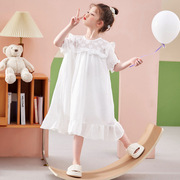 女童睡裙夏季薄款小女孩公主风睡衣家居服短袖白色连衣裙夏装
