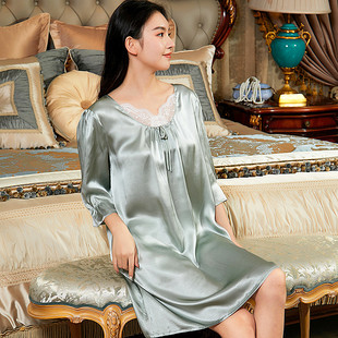 杭州丝绸100%桑蚕丝真丝睡衣夏季宽松蕾丝性感睡裙宽松家居服