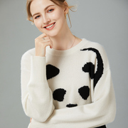秋冬100%纯山羊绒衫女圆领，加厚提花大熊猫图案毛衣慵懒宽松针织衫