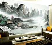 8d电视背景墙新中式壁画水墨，山水画墙纸客厅，沙发影视装饰大气壁纸