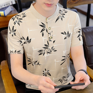 纯棉男士短袖t恤夏季韩版立领，polo衫潮流休闲青年印花上衣ins