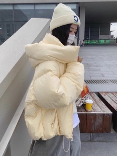 韩版2023冬季连帽奶黄色羽绒服，女短款加厚90白鸭绒(白鸭绒)小个子棉服外套