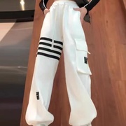 白色条杠撞色卫裤女2023年秋季韩版设计感高腰宽松显瘦哈伦裤