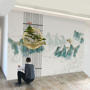 现代新中式壁画绿色抽象山水墙纸背景墙布松树客厅卧室书房3d壁纸