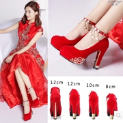 中式婚鞋女2022红色高跟鞋，结婚鞋子新娘，鞋粗跟防水台气质红鞋