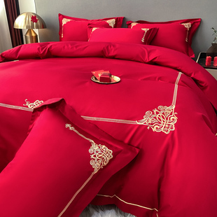 高档简约结婚四件套大红色床单被套，全棉纯棉婚庆，床上用品婚房喜被