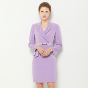 秋季职业装修身设计感轻熟优雅紫罗兰色，假两件长袖连衣裙制服