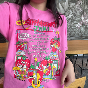 马克先生和天使娜娜草莓，音乐节印花玫红色220g棉日系少女t恤短袖