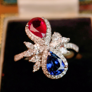 宝创集1.38克拉水滴形天然红蓝宝石戒指18k金镶钻石女戒彩宝婚戒