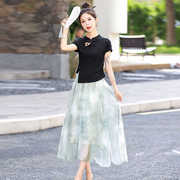 2024夏季新中式国风绑带t恤不规则雪纺半身，长裙套裙时尚套装
