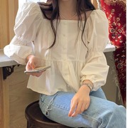 韩版2023春秋淑女长袖公主袖单排扣纯色蕾丝衫娃娃衫长袖衬衫女