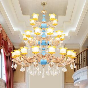 欧式别墅客厅水晶大吊灯，复式楼锌合金法式蓝色，楼中楼挑空跃层灯具
