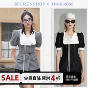 林允同款THUG ROSE方领双排扣外套黑色短裙CHENSHOP设计师品牌