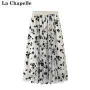 拉夏贝尔/La Chapelle春装网纱中长款半身裙2024花朵A字裙女
