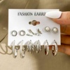 跨境银色复古C型耳环套装6对创意个性金属耳圈镶钻珍珠蝴蝶耳钉