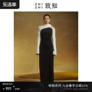 格物致知zhizhi连衣裙女2023秋季设计感气质，长袖羊毛裙黑