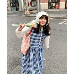 艺野系森系小清新蓝色格子连衣裙女春夏日系复古小个子无袖背心裙