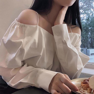 韩国chic春季气质百搭一字领露肩吊带宽松长袖，纯色衬衫上衣女