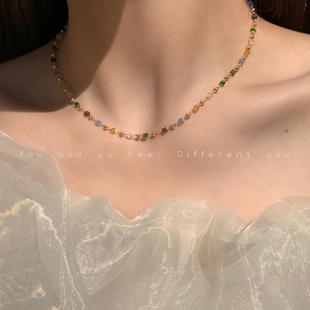 彩色水晶串珠项链女2024轻奢小众设计感choker颈链锁骨链