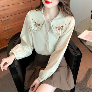法式刺绣娃娃领衬衫，女2023春装气质，显瘦独特洋气别致长袖上衣