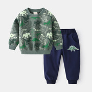 春秋款男童卫衣卫裤套装，军绿色棉质休闲长裤，男孩恐龙迷彩两件套