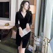 丝绒连衣裙春季女装2022年名媛风设计感褶皱包臀黑色裙子
