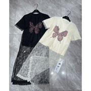 十三行潮牌春夏短袖长款T恤拼接蕾丝连衣裙假两件套印花蝴蝶