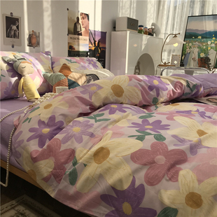 欧式紫色油画风田园小碎花床上四件套全棉纯棉，文艺写意民宿1.5m