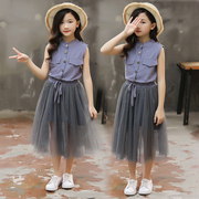 2023夏季童装女童韩版时尚，棉麻网纱裙，套装中大童潮范两件套