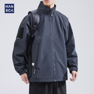 hansca冲锋衣外套男秋冬美式工装，机能风防水防泼纯色立领夹克