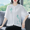 新中式国风白色棉麻短袖衬衫女夏季中年妈妈大码胖mm高端亚麻上衣
