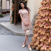 时尚三件套装粉色小香风短袖上衣开衫高腰半身长裙圆领修身连衣裙