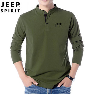 jeep吉普春秋季v领长袖，t恤打底衫男生，纯棉宽松品牌中青年休闲上衣