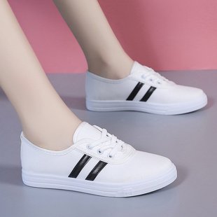 夏季低帮浅口帆布鞋休闲女鞋韩版系带，运动学生小白鞋平底休闲板鞋