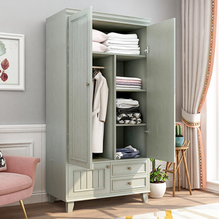 自观 美式家具实木衣柜两门卧室挂衣柜 小户型家用绿色成品衣柜