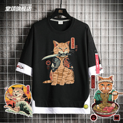 日系个性猫武士飘带T恤创意和风时尚男女纯棉短袖宽松体恤衣服潮
