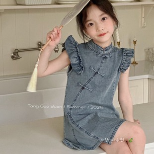 韩版女童装儿童夏季甜美飞袖旗袍连衣裙短袖薄款牛仔公主礼服裙子