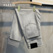 luud潮味个性做白复古牛仔裤男韩版流行浅灰色，怀旧休闲小脚长裤