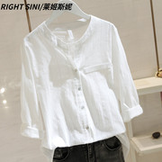 白色立领衬衫女中袖，2024夏季韩版宽松显瘦条纹设计感小众上衣