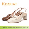 kisscat接吻猫2024春夏，粗跟后空方头漆皮，女鞋凉鞋半凉鞋包头