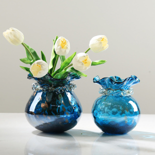 艺术福袋琉璃蓝色花瓶摆件，可水培客厅样板间玄关，餐桌插花装饰花器