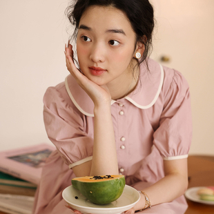 若溯法式干枯玫瑰粉色娃娃领纯棉连衣裙女2023夏季短袖泡泡袖长裙