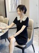 蕾丝Polo领直筒裙夏装韩版气质宽松显瘦黑色赫本风短袖连衣裙