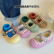 韩版儿童浅口帆布鞋春夏男女童，格子布鞋软底幼儿园宝宝室内鞋